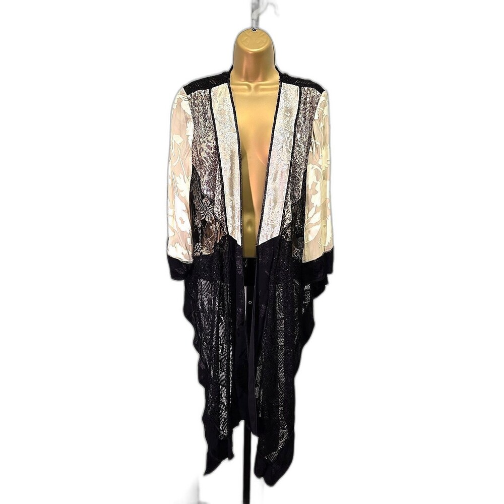 Vtg Violet Kay Silk Blend Sheer Kimono Jacket Med Floral Lace Burnout Sequin USA